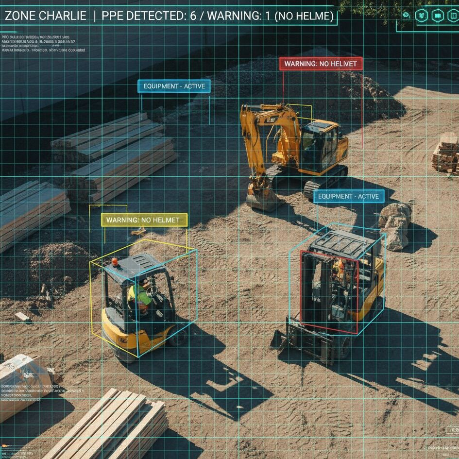 AI job site safety monitoring: PPE detection dashboard showing 6 workers detected, 1 warning for no helmet, real-time alerts, equipment active status, and bounding boxes on construction site with excavator and forklift