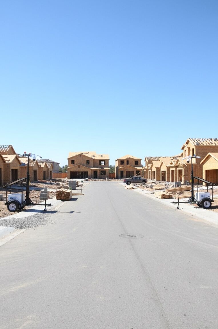 Residential property security with AI video monitoring: solar-powered mobile surveillance unit protecting suburban home, driveway, and neighborhood at night with real-time threat detection and bright LED illumination