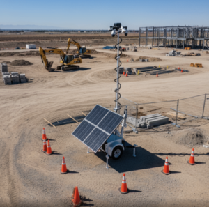 Stop theft anywhere with 24/7 mobile security surveillance units: solar-powered trailer with tall camera tower protecting remote construction site, job site, or property with AI video monitoring and live protection