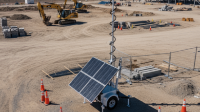 Stop theft anywhere with 24/7 mobile security surveillance units: solar-powered trailer with tall camera tower protecting remote construction site, job site, or property with AI video monitoring and live protection