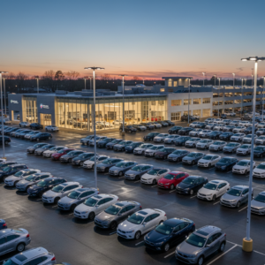 Large outdoor auto inventory lot at dusk, ideal for deploying Smart Surveillance Units Dealership protection to prevent theft.
