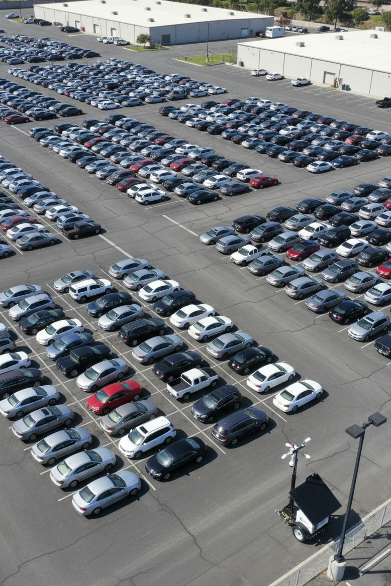 Aerial view of large commercial parking lot security: PSS On-Site solar-powered mobile surveillance trailer with camera tower protecting rows of parked vehicles in front of industrial warehouse buildings