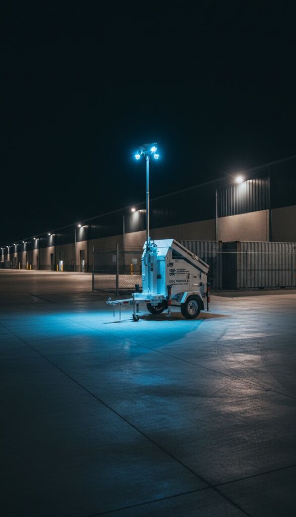 Solar-powered mobile surveillance trailer lighting up warehouse at night: PSS On-Site unit with tall camera tower and bright LED floodlights providing 24/7 AI video monitoring and perimeter security for industrial facility