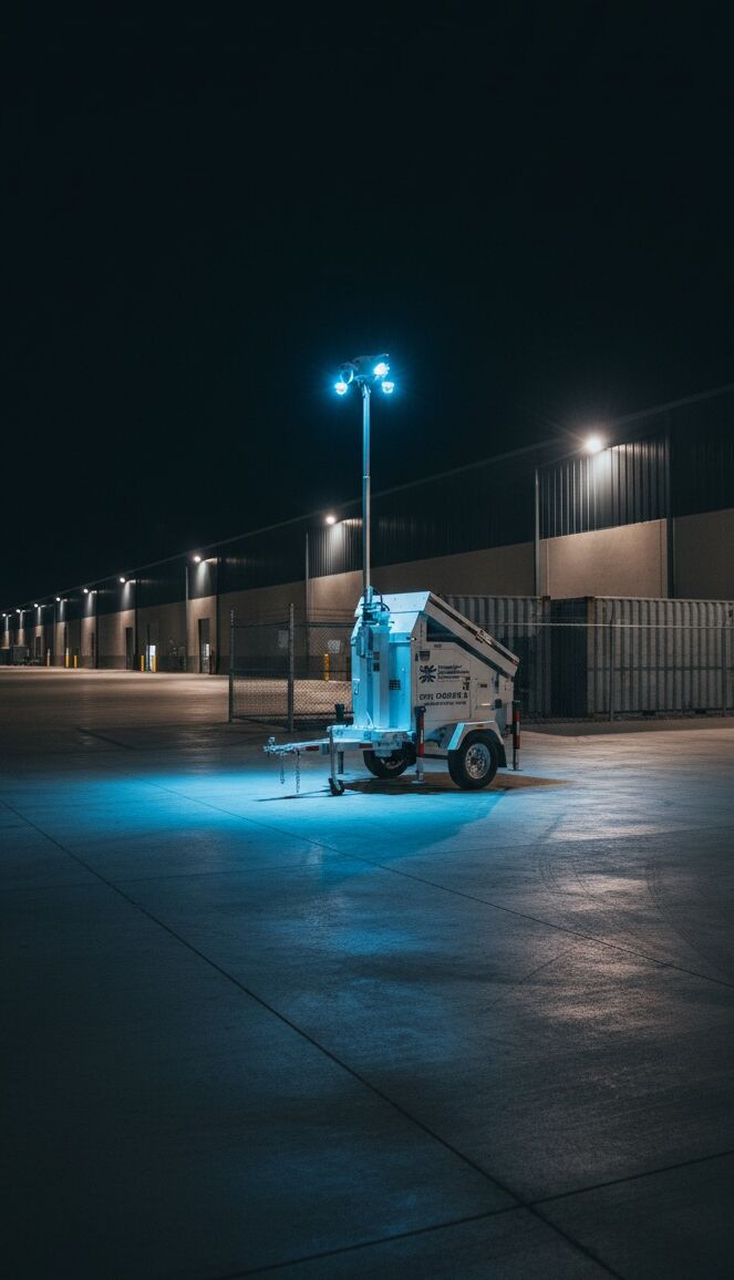 Solar-powered mobile surveillance trailer lighting up warehouse at night: PSS On-Site unit with tall camera tower and bright LED floodlights providing 24/7 AI video monitoring and perimeter security for industrial facility