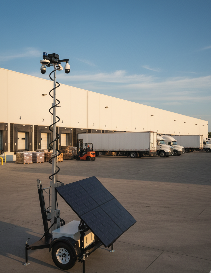 Warehouse and distribution center security systems: smart AI surveillance with heat maps, perimeter detection, vehicle/person tracking, and analytics overlays in large logistics facility