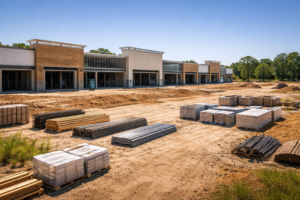 Active commercial construction site with exposed building materials, ideal for deploying Solar Smart Surveillance Units for theft prevention.