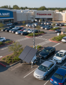 Overhead view of a Solar Surveillance Unit deployed in a busy retail parking lot to ensure shopper safety