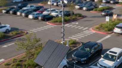 Overhead view of a Solar Surveillance Unit deployed in a busy retail parking lot to ensure shopper safety