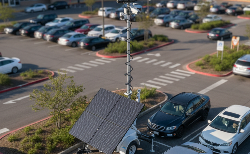Overhead view of a Solar Surveillance Unit deployed in a busy retail parking lot to ensure shopper safety