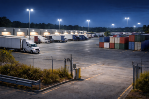 Shipping containers and truck fleets in a busy supply chain yard secured by Smart Surveillance Units for Logistics.