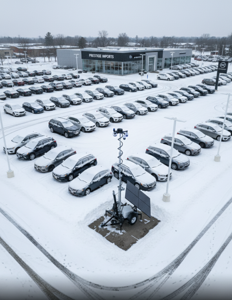 Solar-powered mobile surveillance trailer in heavy snow at luxury car dealership: PSS On-Site unit with active LED floodlights and camera tower protecting vehicles during New Jersey winter storm