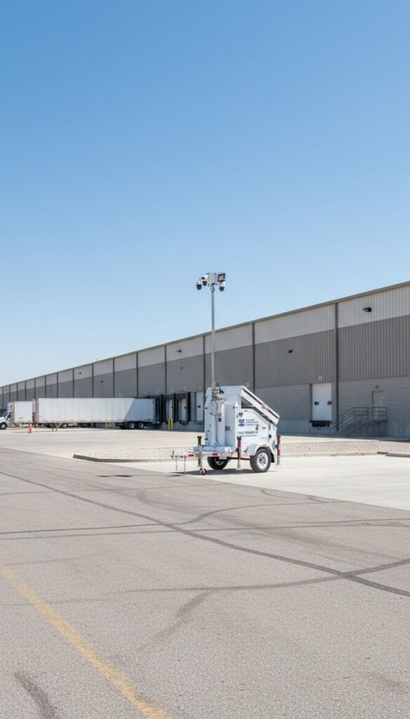 Solar-powered mobile surveillance trailer in warehouse distribution center parking lot: PSS On-Site unit with tall camera tower, PTZ cameras, and solar panels delivering 24/7 AI video monitoring and perimeter protection for logistics and industrial facilities