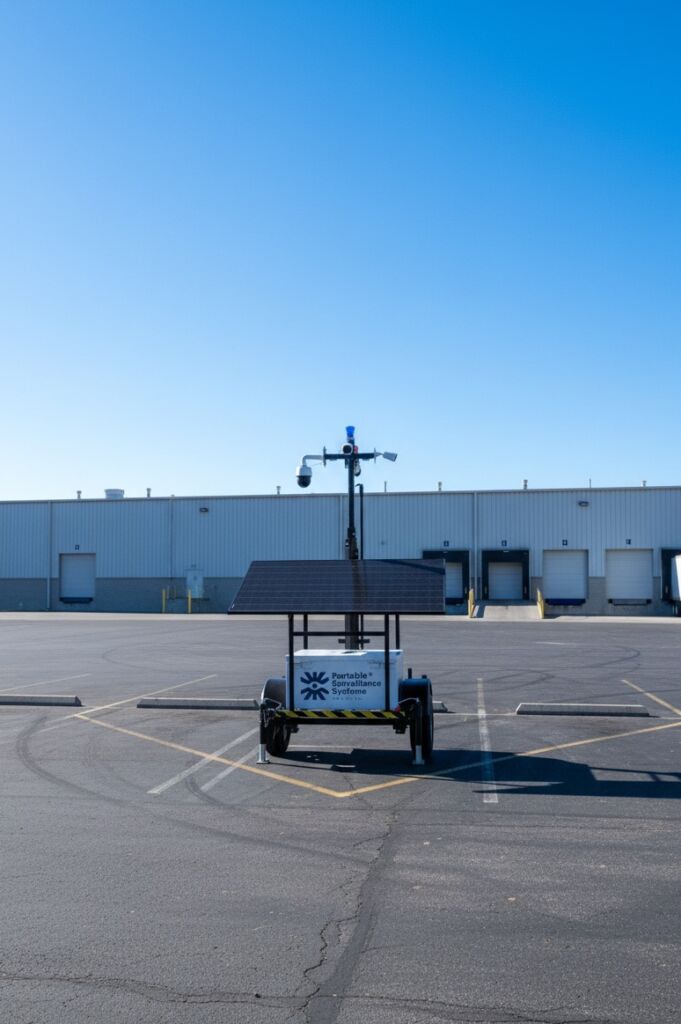 Warehouse and distribution center security in daylight: solar-powered mobile surveillance trailer positioned in large industrial parking lot near loading docks, semi-trucks, and commercial buildings for theft prevention and smart surveillance