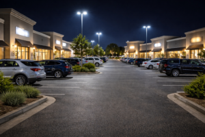 Commercial retail parking lot requiring Smart Surveillance Units Parking solutions to prevent vehicle theft and break-ins.