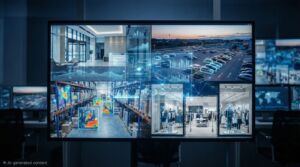 The role of AI in modern commercial security systems: futuristic dashboard with real-time analytics, threat detection, video monitoring, and AI-powered surveillance protecting business facilities in New Jersey