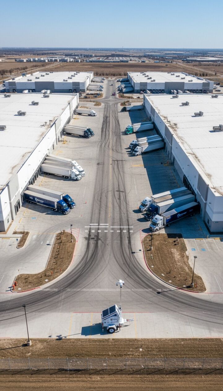 Solar-powered mobile surveillance trailer securing truck yard and logistics area: PSS On-Site unit with tall camera tower and solar panels providing 24/7 AI video monitoring for semi-trucks, trailers, and freight storage