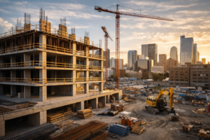 Active urban construction site illustrating the flexibility of Renting Smart Security Units for tight city workspaces.