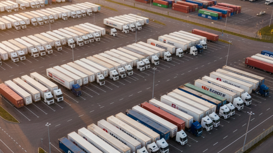 High-angle aerial view of a logistics distribution center packed with rows of shipping containers and semi-trucks, utilizing Moveable Security Trailers in North Bergen, New Jersey for perimeter defense and cargo protection.