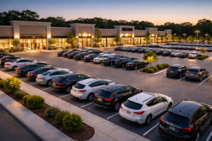 A busy commercial retail parking lot at sunset with cars parked in front of storefronts, demonstrating the ideal environment for deploying Solar Surveillance Units in Wayne, New Jersey to monitor customer safety and prevent theft.
