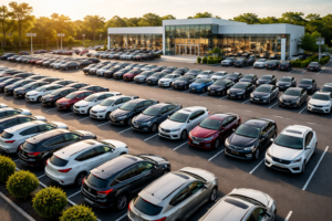Expansive outdoor automotive dealership inventory lot showing rows of new vehicles, highlighting the need for Smart Mobile Surveillance in Clifton, New Jersey to prevent catalytic converter theft.