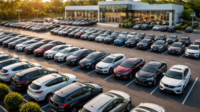 Expansive outdoor automotive dealership inventory lot showing rows of new vehicles, highlighting the need for Smart Mobile Surveillance in Clifton, New Jersey to prevent catalytic converter theft.