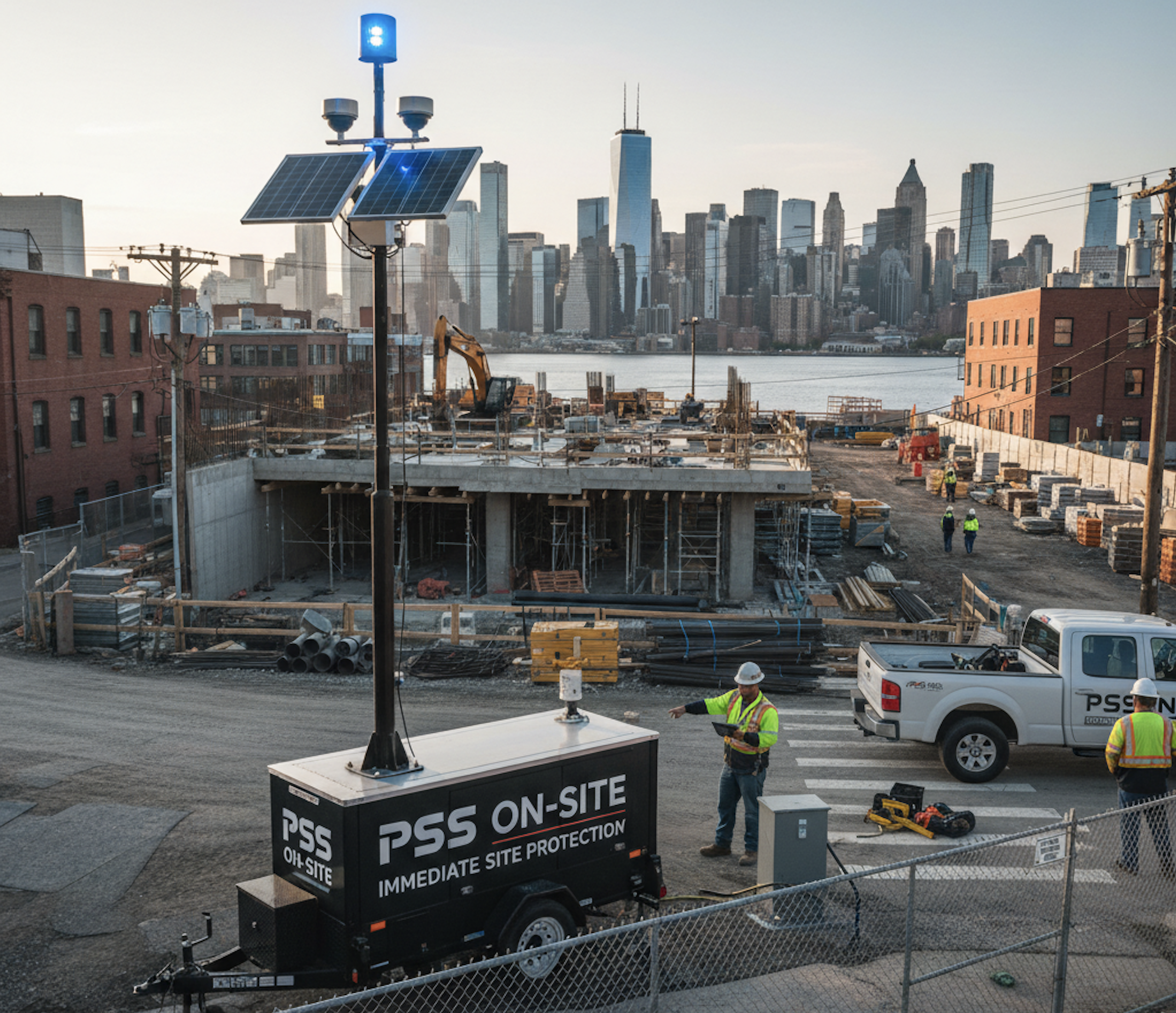 Portable Solar Security Units on an urban construction site, providing immediate site protection with a city skyline visible.