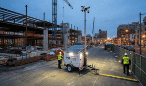 PSS Onsite solar-powered mobile surveillance trailer with a telescoping mast, cameras, and lights. The trailer is deployed in different locations, including a busy Costco parking lot, a large truck stop with parked semi-trucks, and an active construction site, all during dusk or dawn. Security guards are visible in each location.