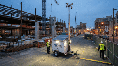PSS Onsite solar-powered mobile surveillance trailer with a telescoping mast, cameras, and lights. The trailer is deployed in different locations, including a busy Costco parking lot, a large truck stop with parked semi-trucks, and an active construction site, all during dusk or dawn. Security guards are visible in each location.