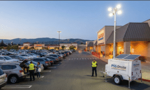 A PSS Onsite solar-powered mobile surveillance trailer with a tall mast and bright floodlights is deployed in a busy Costco parking lot at dusk. A security guard in a yellow vest stands near the trailer, while another guard speaks with a woman by a parked SUV. The trailer has solar panels on top and "PSS Onsite" and "Solar Powered Mobile Surveillance" logos. The parking lot is filled with cars, and other stores, including a Verizon, are visible in the background under a darkening sky.