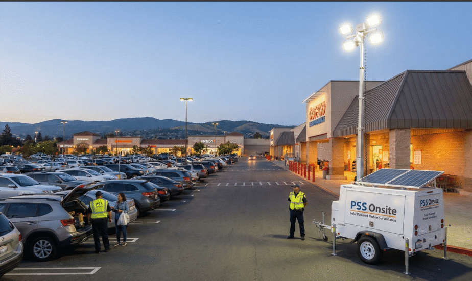 A PSS Onsite solar-powered mobile surveillance trailer with a tall mast and bright floodlights is deployed in a busy Costco parking lot at dusk. A security guard in a yellow vest stands near the trailer, while another guard speaks with a woman by a parked SUV. The trailer has solar panels on top and "PSS Onsite" and "Solar Powered Mobile Surveillance" logos. The parking lot is filled with cars, and other stores, including a Verizon, are visible in the background under a darkening sky.