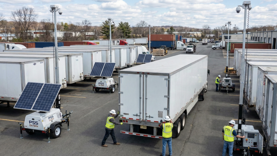 Multiple Renting portable security units are being deployed by workers in a logistics yard, highlighting their flexibility for large-scale security needs.