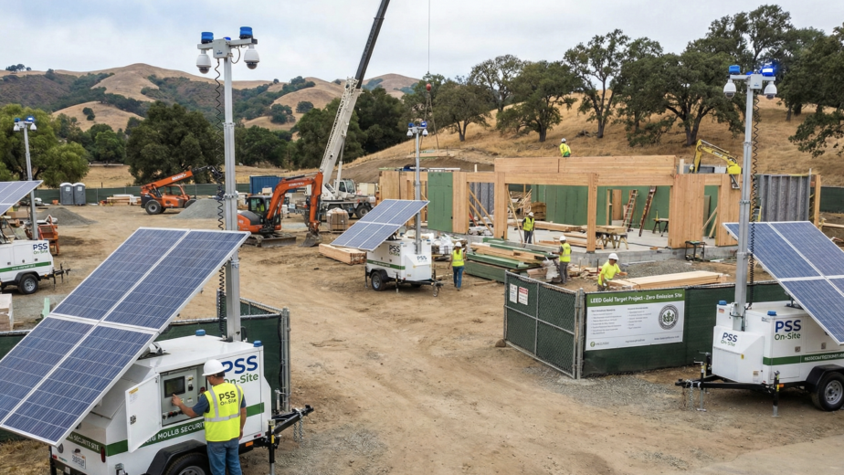 A large construction site with several Solar portable construction security units, workers, and building frameworks, set against a hilly landscape.