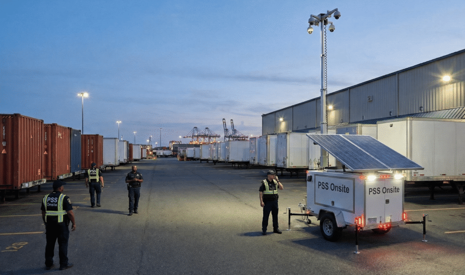 A series of five images showing PSS Onsite solar-powered mobile surveillance trailers deployed in various locations at dusk or dawn. The trailers, equipped with solar panels and tall masts featuring floodlights and cameras, are shown in a Costco parking lot, a large truck stop, and a construction site in an urban area. Security guards wearing high-visibility vests are present in all the images, observing the surroundings.