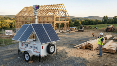 A Solar portable construction security unit with 'Fire Watch' branding stands on a rural construction site next to a timber-framed building, with a worker holding a device and lumber in the foreground
